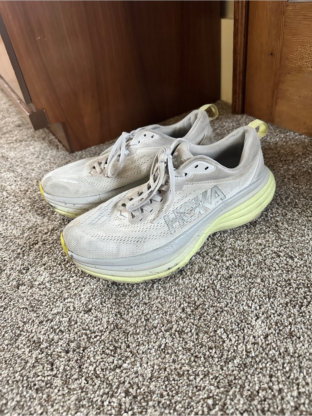 Hoka Women's Running Shoes in Light Gray with Pale Yellow Accents